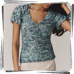 NWT: Blues Grays & Whites Floral Short Sleeve Shirred Mesh Top (S)